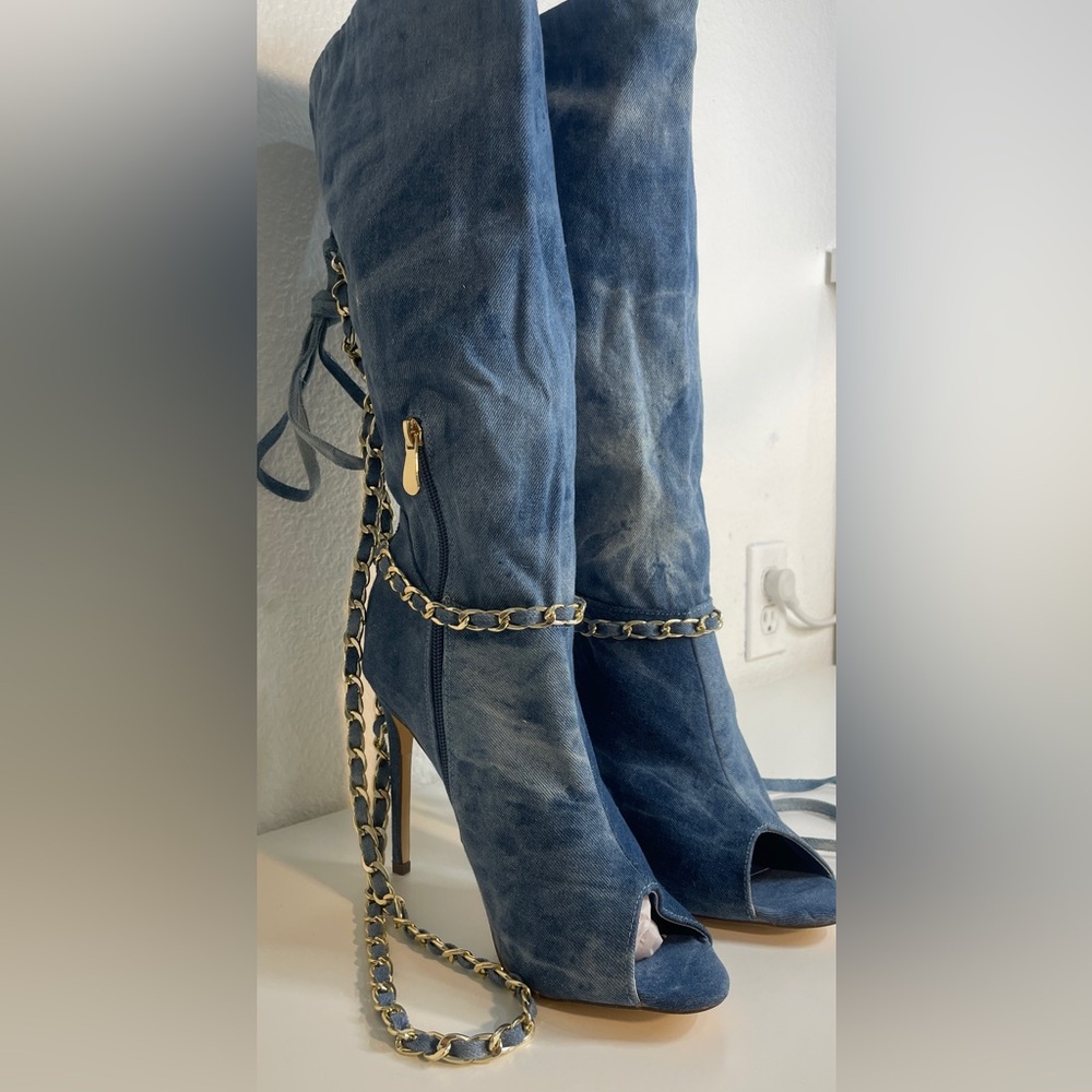 Kardashian Style Denim Slouchy Peep Toe Chain Boots NEVER WORN NWOT - Picture 4 of 10